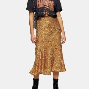TopShop Mustard Satin Leopard Flounce Skirt